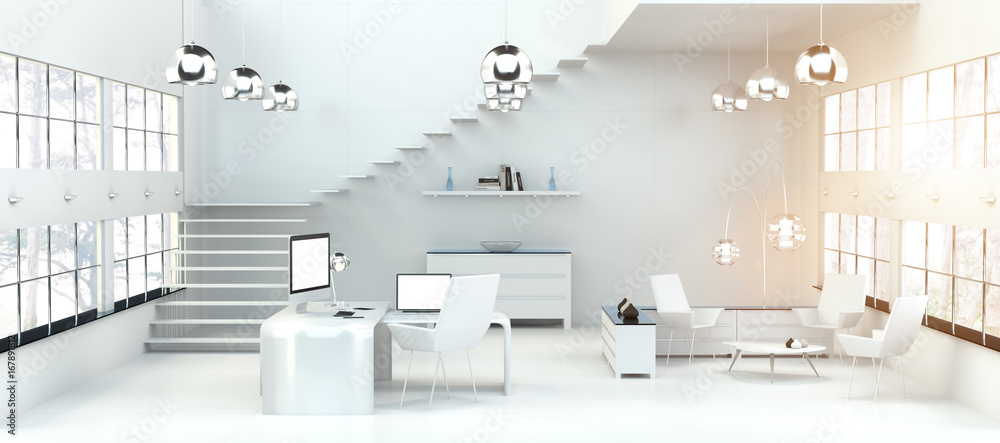 Modern white office interior with computer and devices 3D rendering Modern white office interior with computer and devices 3D rendering