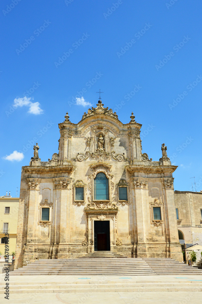 Beautiful view of San Francesco d'Assisi baroque church in Matera, Italy