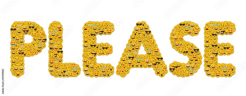 The word please written in social media emoji smiley characters The word please written in social media emoji smiley characters