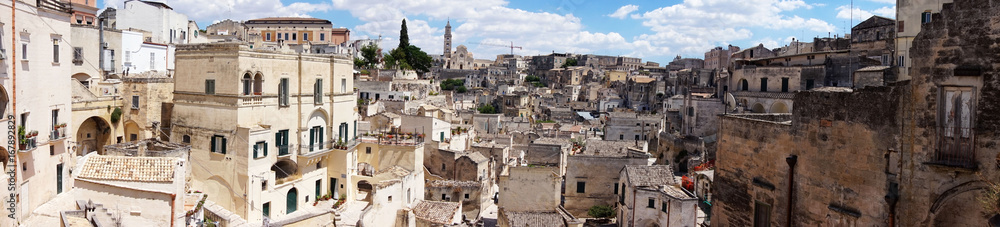 Amazing panoramic view from a balcony of typical stones (Sassi di Matera) and church of Matera UNESCO European Capital of Culture 2019 Matera, Basilicata, Italy