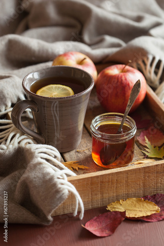 hot lemon honey tea warming drink scarf cozy autumn leaves