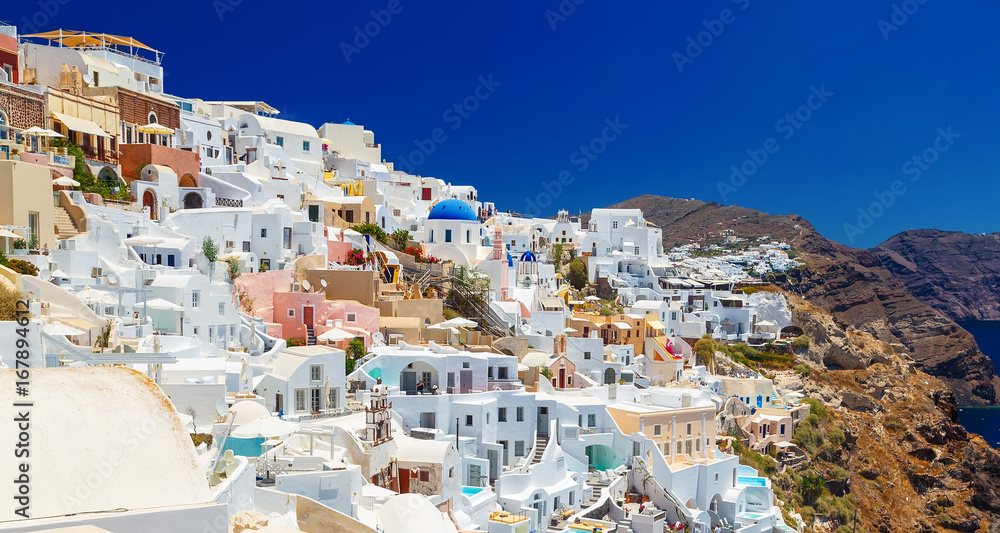 The picturesque town on hillside on the island of Santorini