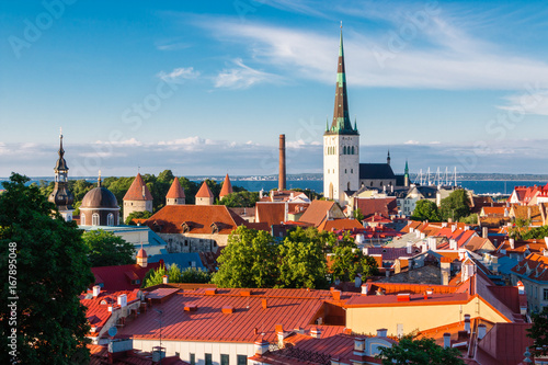 View of the old town of Tallinn from the observation deck. Red tiled roofs, the church of St. Olaf, the Baltic Sea in the background. Card. Estonia.