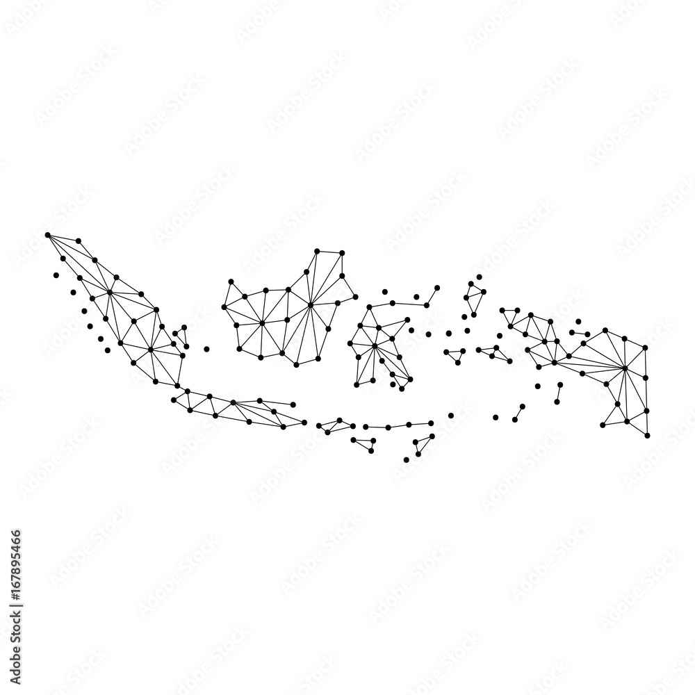 Indonesia map of polygonal mosaic lines network, rays and dots vector illustration.