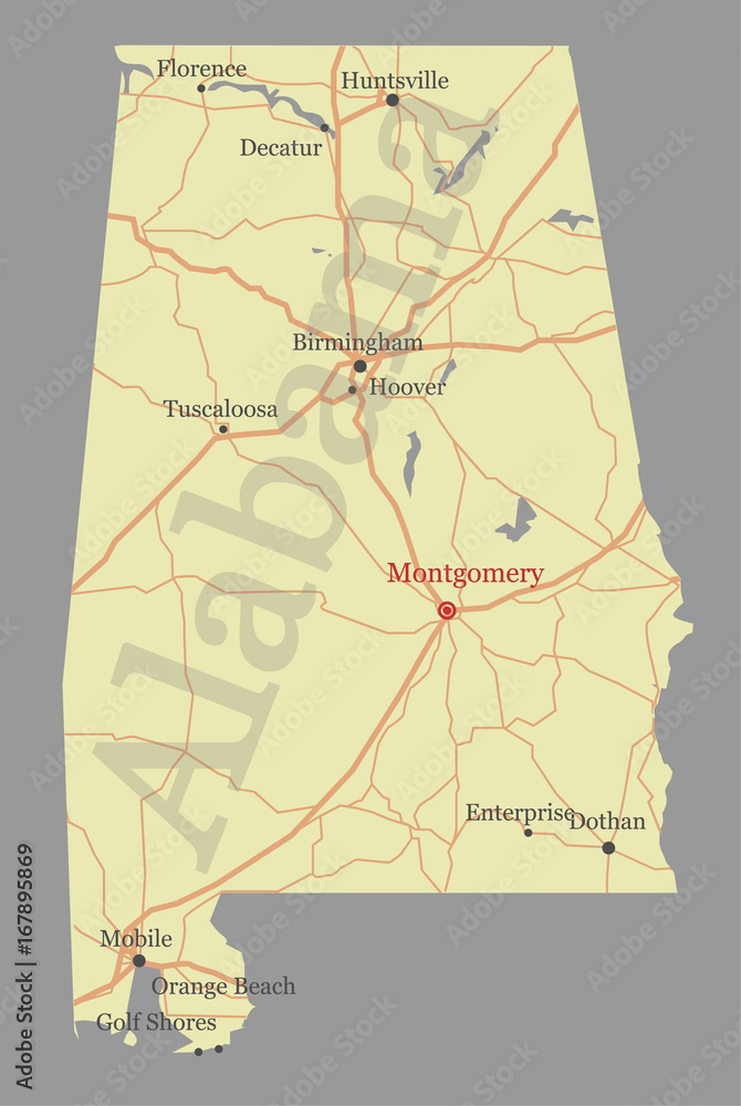 Alabama vector State Map with Community Assistance and Activates Icons Original pastel Illustration isolated on gray background.