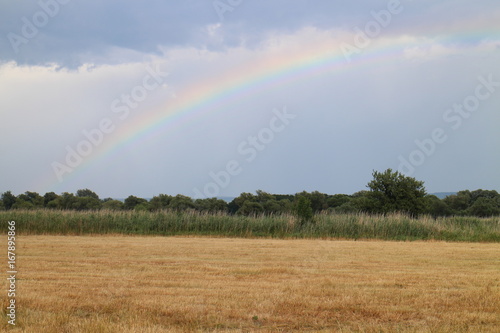 Rainbow over field near small town Stupava, Záhorie, Slovakia
