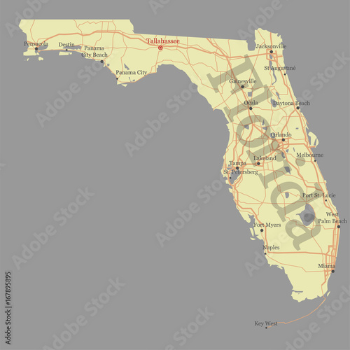 Florida detailed exact detailed State vector Map with Community Assistance and Activates Icons Original yellow Illustration with main roads and city labels. United States of America