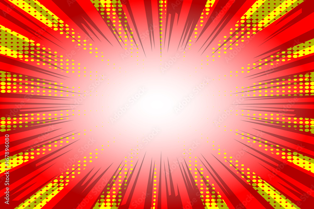 Vector retro comic red and yellow abstract background, half tone pop art style explosion effect design.