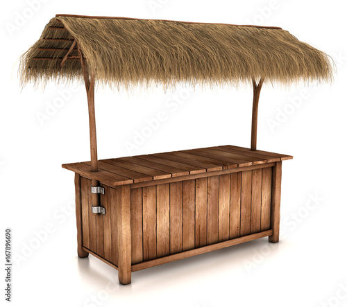 Wooden counter kiosk with thatched roof. 3d image isolated on white.
