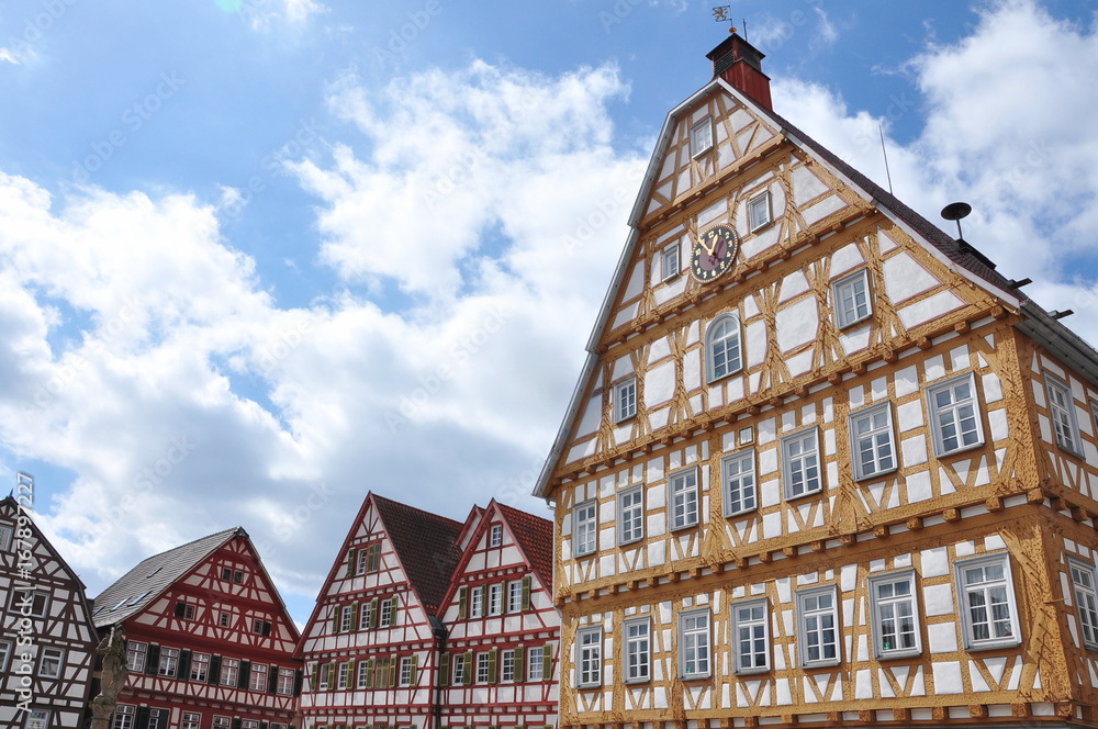 Old half-timbered houses on the square in Leonberg, Baden-Wurttemberg, Germany.