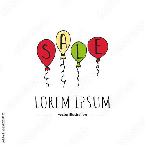 Hand drawn doodle Flying colorful bunch of Sale balloons icon. Sale symbol icon. Vector illustration for Seasonal shopping. Cartoon style with space for message. Isolated on white background sketch.