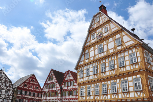 Old half-timbered houses on the square in Leonberg, Baden-Wurttemberg, Germany.