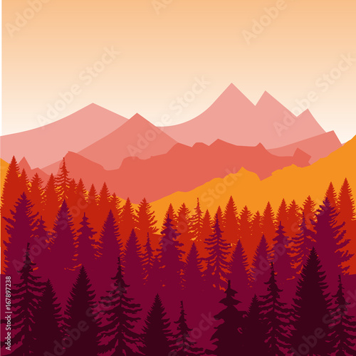 Panorama of mountains and forest silhouette landscape early on the sunset. Flat design Vector Illustration