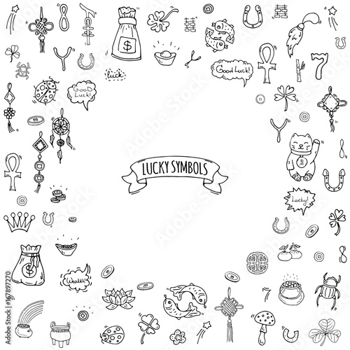 Hand drawn doodle Lucky symbols icon set Vector illustration isolated Luck symbols collection Cartoon wealth element: Ladybug Dreamcatcher Clover Horseshoe Neko cat Wishbone Scarab Charms Good Luck