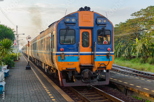 The train arrives at the Lamae Train Station in the morning, Thailand