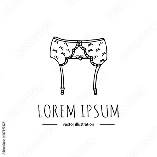 Hand drawn doodle Lingerie icon. Fashion feminine vector illustration. Sexy lacy woman underwear symbol collection. Cartoon sketch element:  garter belt, panties, string, stockings, suspenders, strip