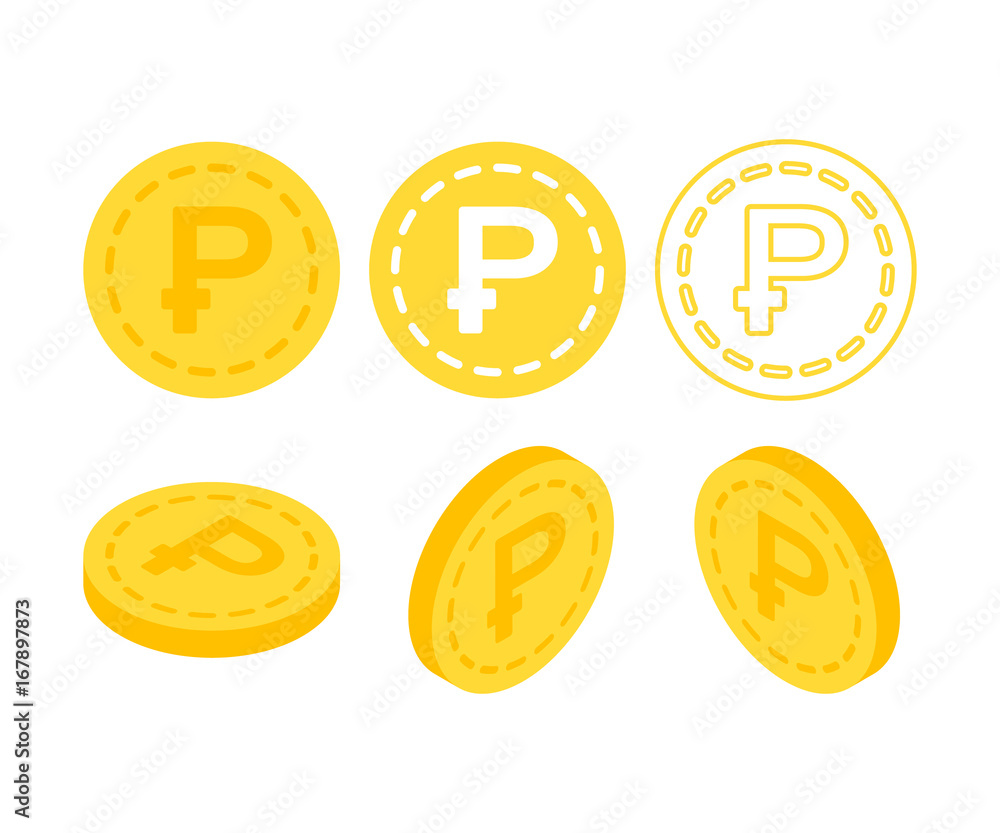 Ruble 3d flat isometric money. Set of icons coins on the isolated white background. Ruble 3d flat isometric money. Set of icons coins on the isolated white background.