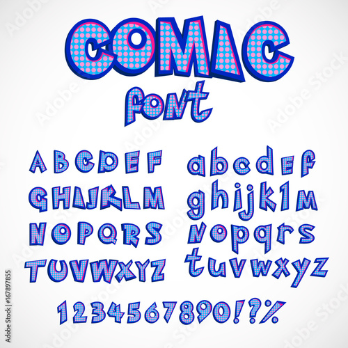 comics style alphabet collection set. capital and small letters with numbers. vector retro abc in pop art style