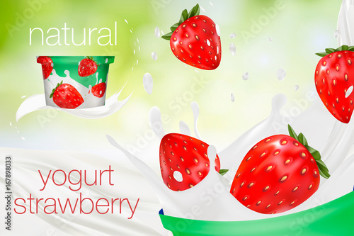 Milk ad or 3d strawberry yogurt flavour promotion. milk splash with fruits isolated on green nature background. instant oatmeal advertising, open field background, 3d illustration