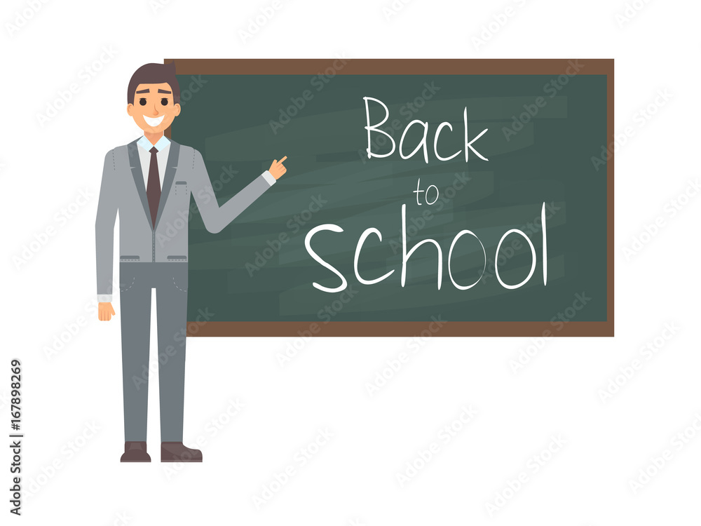 Young male teacher against blackboard in classroom isolated on white. Professor showing on boardon on lesson. Flat vector illustration. Back to school concept. Young male teacher against blackboard in classroom isolated on white. Professor showing on boardon on lesson. Flat vector illustration. Back to school concept.