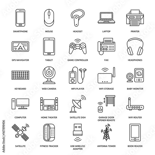 Wireless devices flat line icons. Wifi internet connection technology signs. Router, computer, smartphone, tablet, laptop, printer, satellite. Vector linear illustration linear for electronic store.