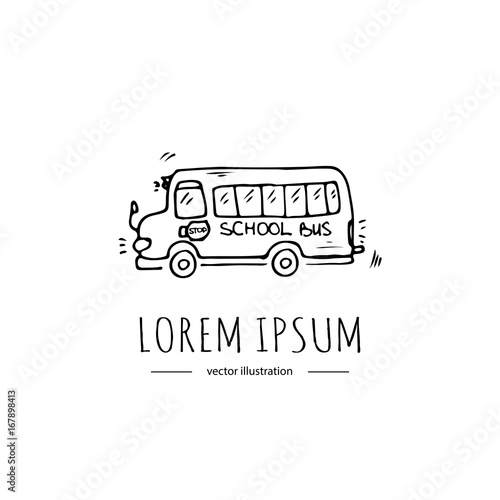 Hand drawn doodle Yellow school bus icon. Vector illustration. Back to school educational symbol Cartoon  learning element Sketch bus Kids riding