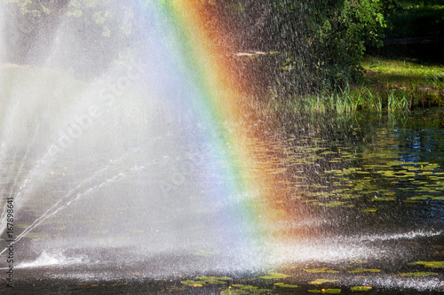 Colorful rainbow on the pond close up view