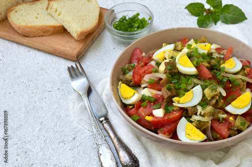 Salad from baked eggplants, onions, tomatoes, eggs, dressed with olive oil and apple vinegar on a light background. Copy space