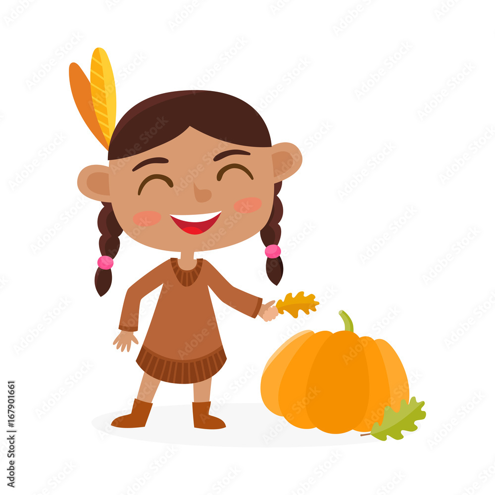 Happy thanksgiving day. Greeting card with indian girl and pumpkin.