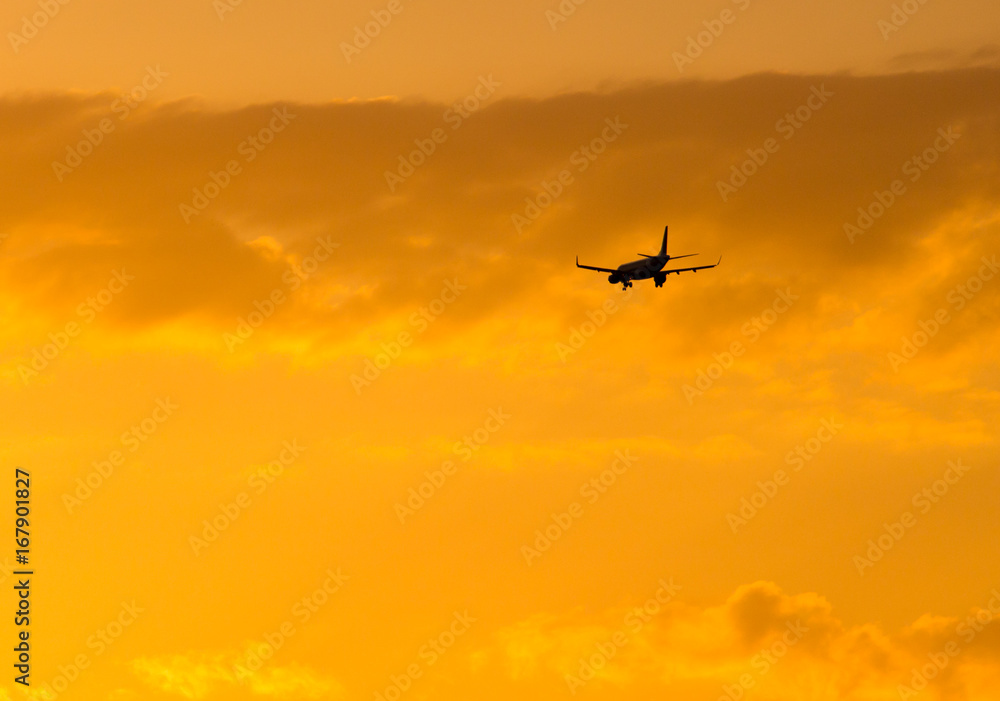 The plane is landing at sunset The plane is landing at sunset
