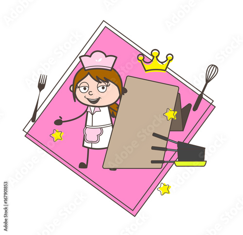Cartoon Smiling Waitress with Info Banner Vector