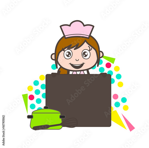 Cartoon Happy Waitress with Blank Ad Banner Vector