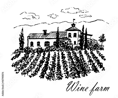 drawing beautiful landscape with the beautiful manor house on the hill sketch ink hand drawn vector illustration