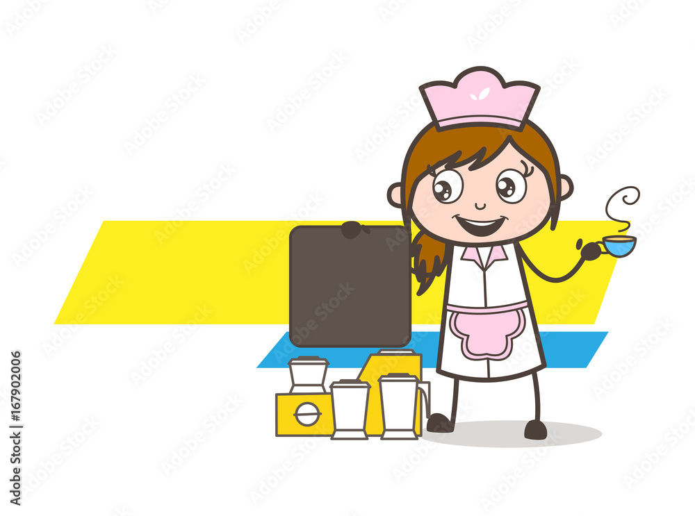 Cartoon Waitress Worker Drinking Tea and Showing Placard Vector