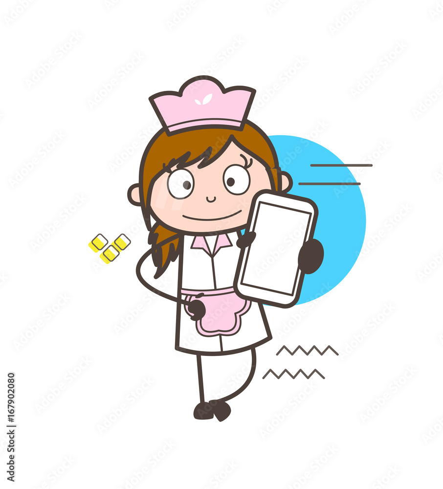 Cartoon Female Waitress Showing Mobile Phone Vector Cartoon Female Waitress Showing Mobile Phone Vector