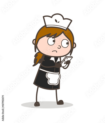 Cartoon Waitress Surfing Internet in Mobile Vector Concept