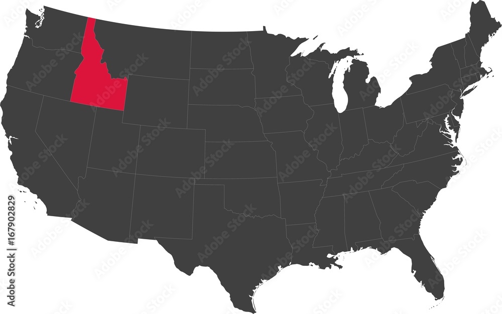 Map of the United States of America split into individual states. Highlighted state of Idaho.