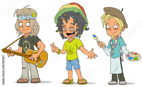 Cartoon hippie jamaican artist characters set