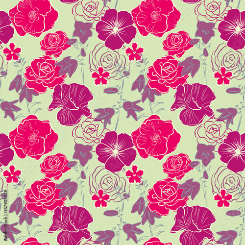 Seamless pattern with colorful beautiful pink and purple flowers  vector illustration