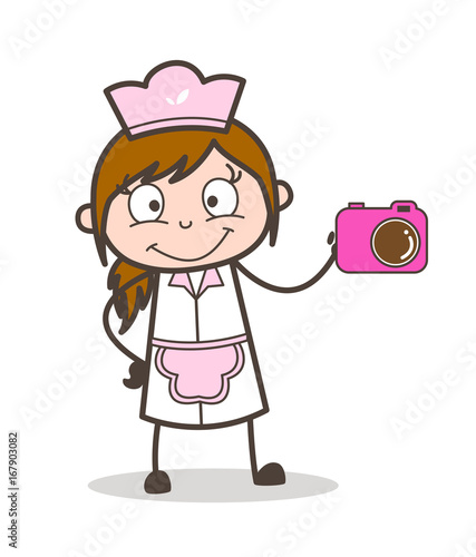 Cartoon Waitress Showing a Camera for Photography Vector