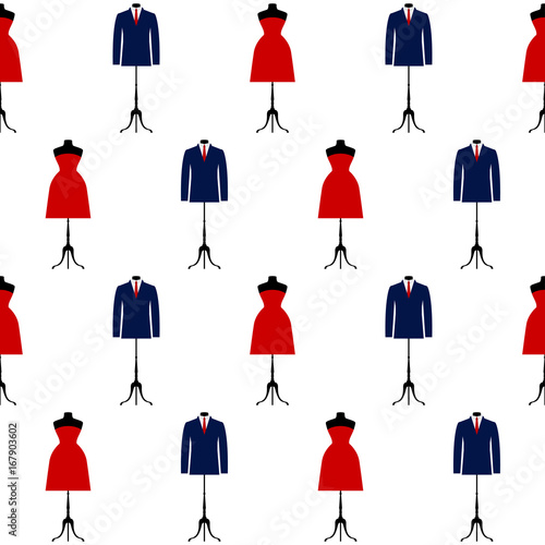 Red dress and blue suit isolated on white seamless pattern background.