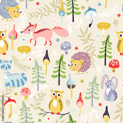 Seamless pattern with forest animals