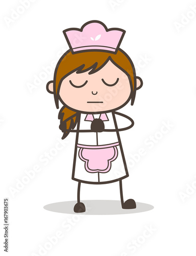 Cartoon Waitress Praying Pose Vector Illustration
