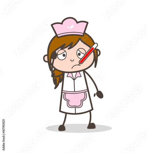 Cartoon Ill Waitress with Fever Thermometer in Mouth Vector