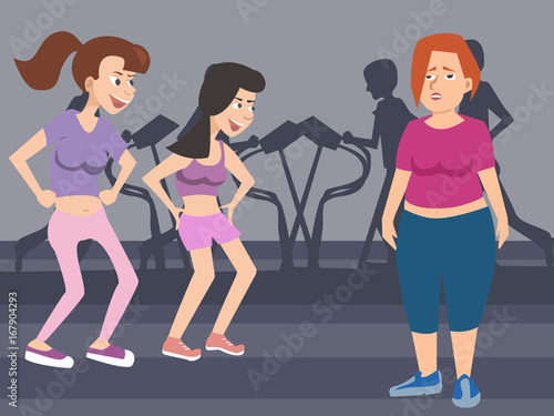 women taunting fat woman at gym vector cartoon