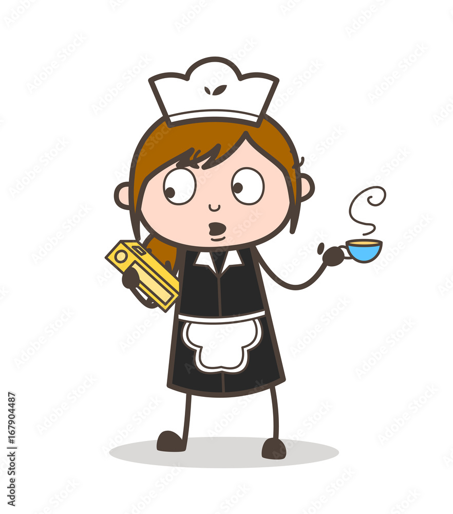 Cartoon Female Assistant with Book and Coffee Vector Illustration