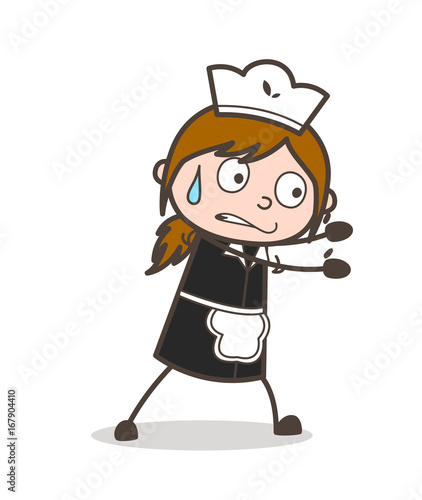 Cartoon Waitress Trying to Push Vector Pose