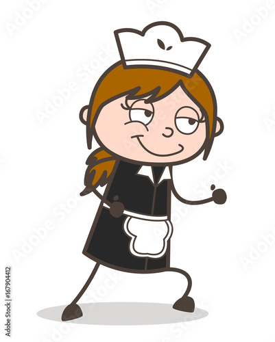 Cartoon Naughty Waitress Smiling While Walking Vector Illustration