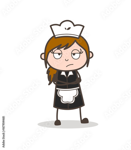 Cartoon Waitress Frowning Face Expression Vector Illustration