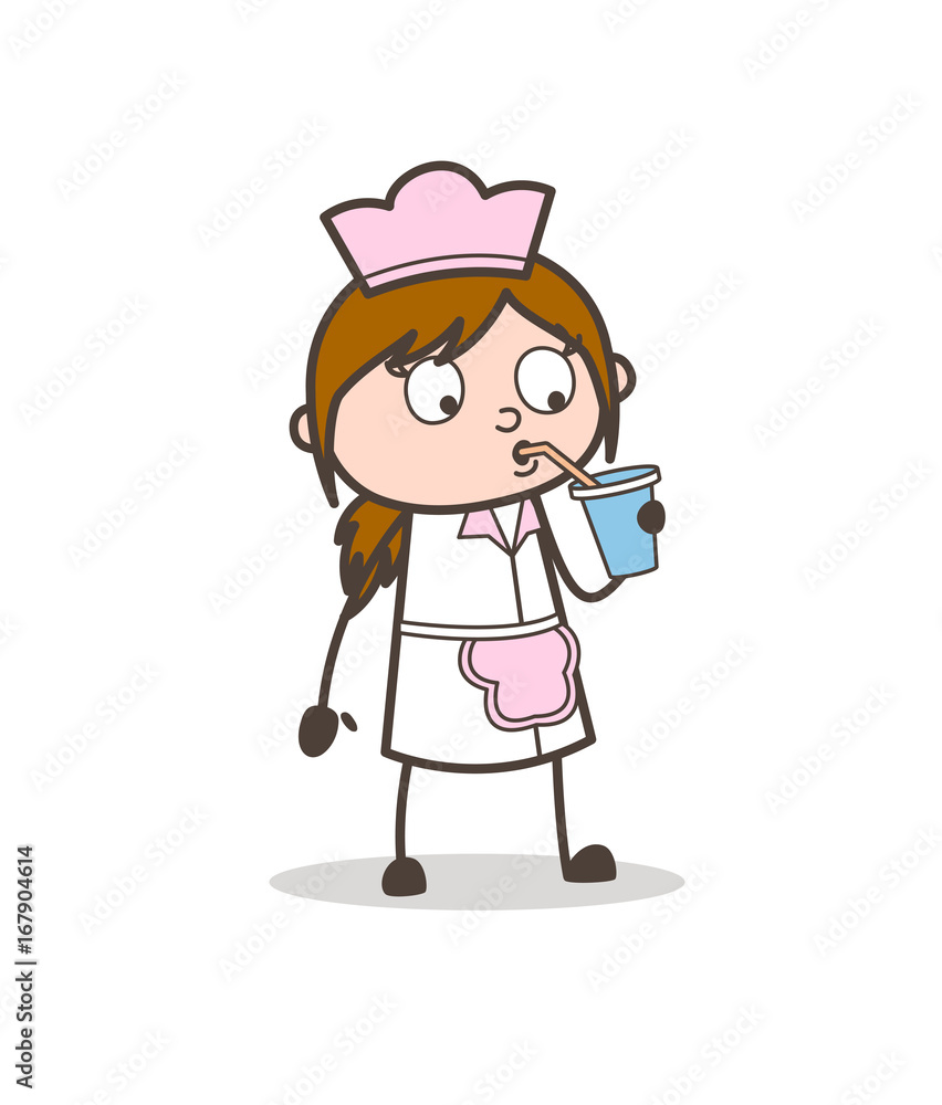 Cartoon Waitress Drinking Beverage Vector Illustration